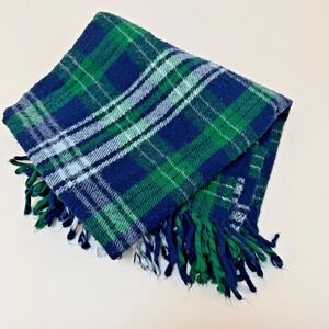 Faribault Woolen Mill  Blue Green White Plaid WOOL Throw Blanket 53" x 52"